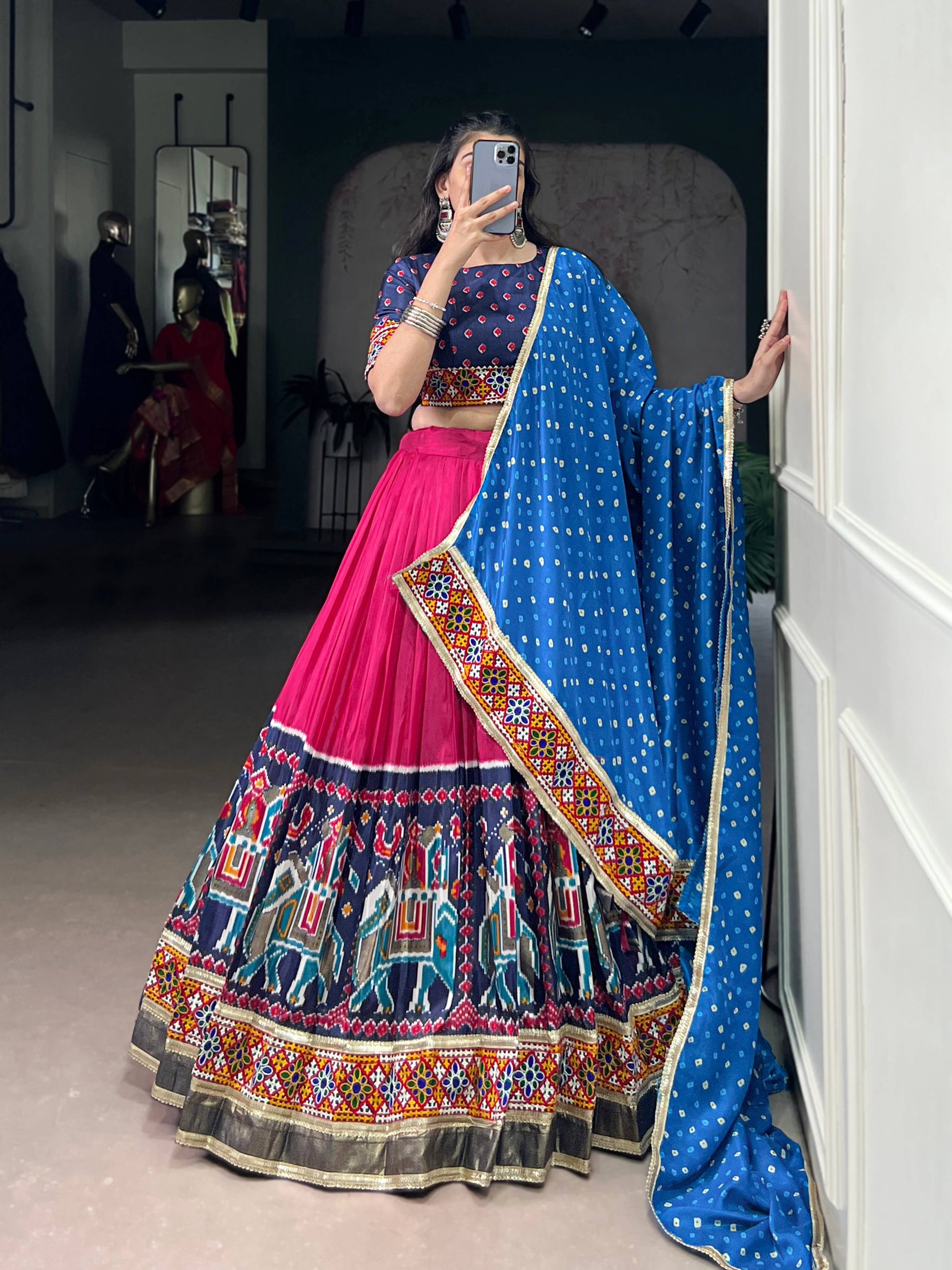 Lorenvalley Fashion Pink Tasar Silk Print with Foil Work and Real Mirror Gamthi Work with Lace Touch Up Lehenga Choli with Dupatta | Swadesiicart