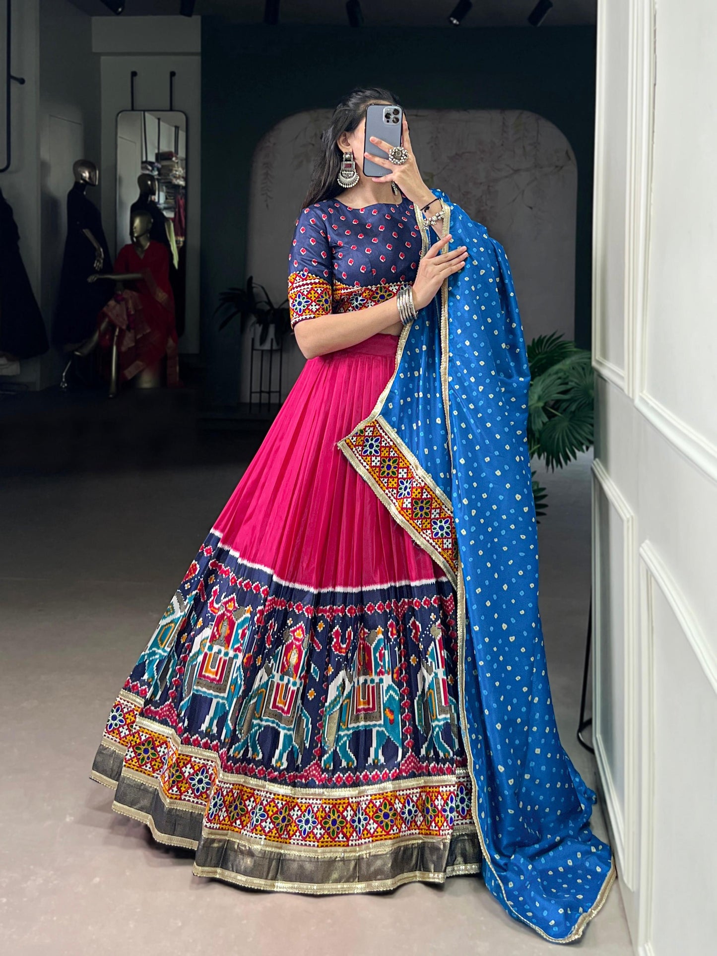 Lorenvalley Fashion Pink Tasar Silk Print with Foil Work and Real Mirror Gamthi Work with Lace Touch Up Lehenga Choli with Dupatta | Swadesiicart