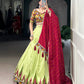 Lorenvalley Fashion Parotgreen Tasar Silk Print with Foil Work and Real Mirror Gamthi Work with Lace Touch Up Lehenga Choli with Dupatta - Swadesiicart