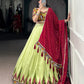 Lorenvalley Fashion Parotgreen Tasar Silk Print with Foil Work and Real Mirror Gamthi Work with Lace Touch Up Lehenga Choli with Dupatta - Swadesiicart