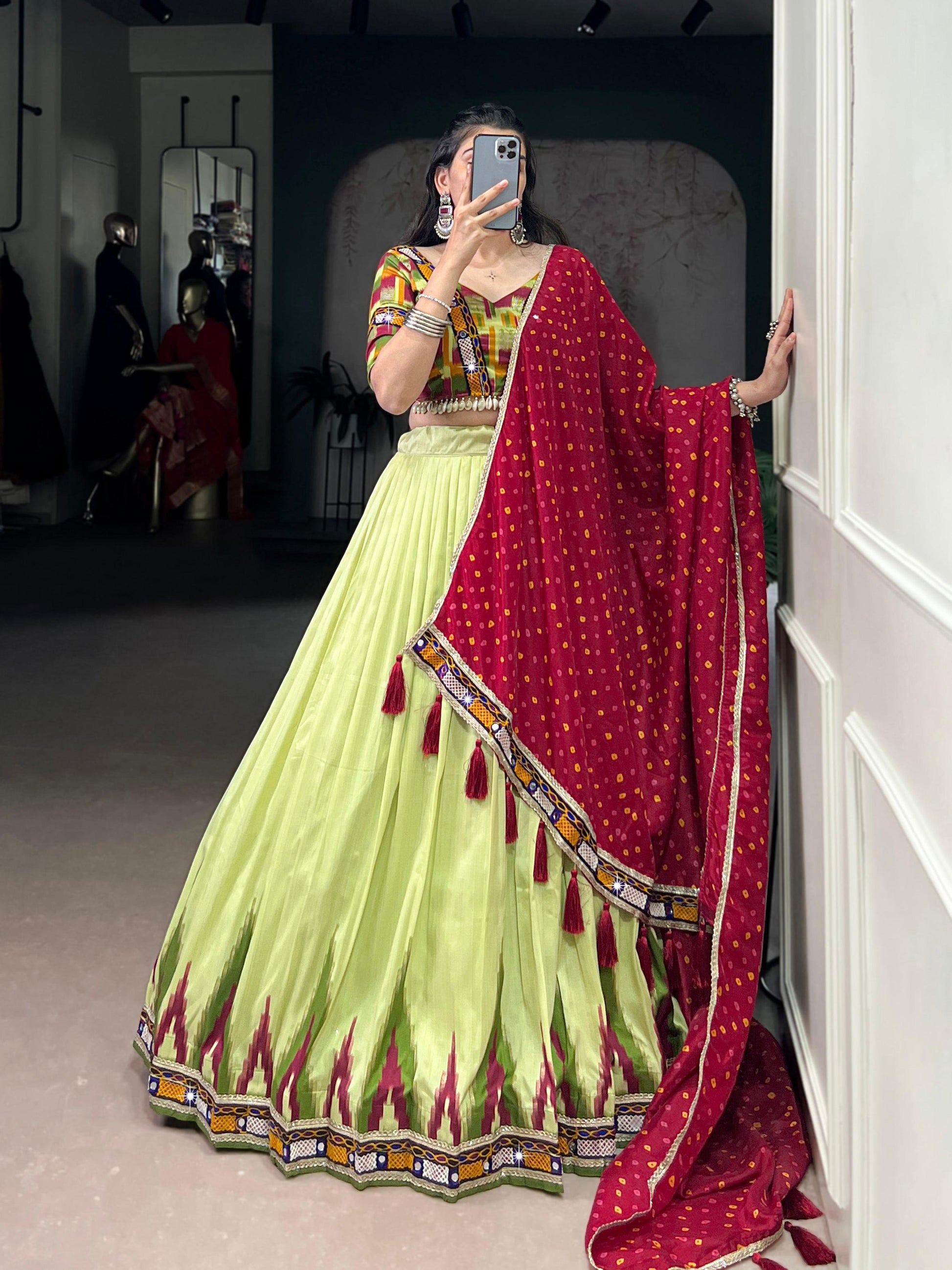 Lorenvalley Fashion Parotgreen Tasar Silk Print with Foil Work and Real Mirror Gamthi Work with Lace Touch Up Lehenga Choli with Dupatta - Swadesiicart