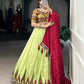 Lorenvalley Fashion Parotgreen Tasar Silk Print with Foil Work and Real Mirror Gamthi Work with Lace Touch Up Lehenga Choli with Dupatta - Swadesiicart