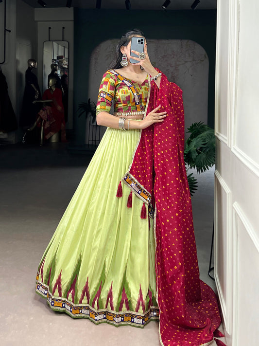 Lorenvalley Fashion Parotgreen Tasar Silk Print with Foil Work and Real Mirror Gamthi Work with Lace Touch Up Lehenga Choli with Dupatta - Swadesiicart