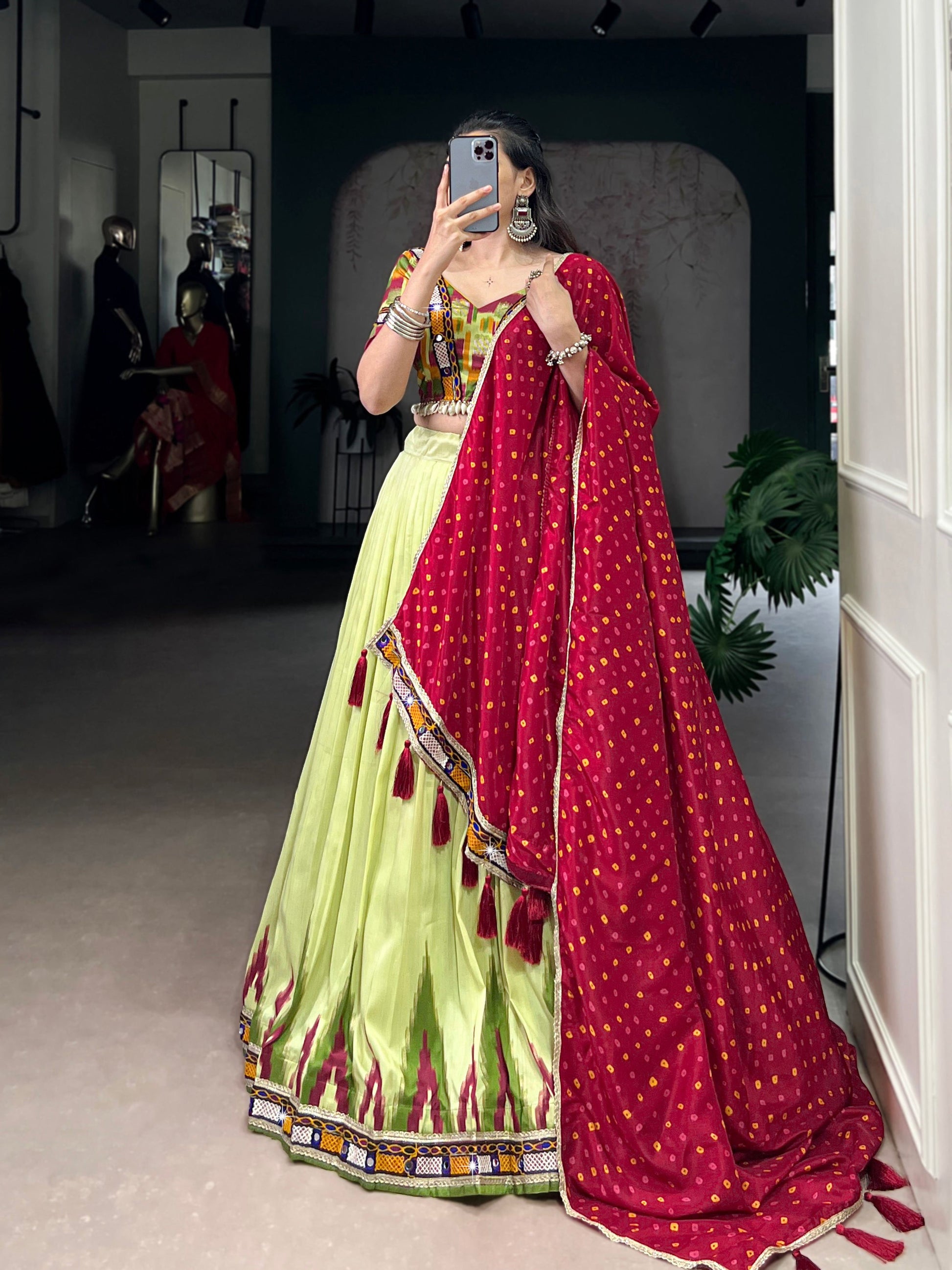 Lorenvalley Fashion Parotgreen Tasar Silk Print with Foil Work and Real Mirror Gamthi Work with Lace Touch Up Lehenga Choli with Dupatta - Swadesiicart