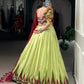 Lorenvalley Fashion Parotgreen Tasar Silk Print with Foil Work and Real Mirror Gamthi Work with Lace Touch Up Lehenga Choli with Dupatta - Swadesiicart