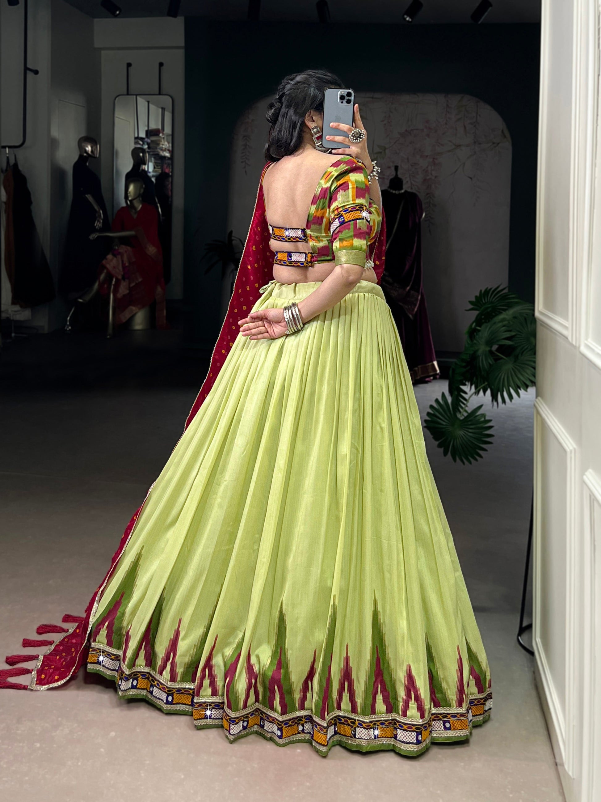 Lorenvalley Fashion Parotgreen Tasar Silk Print with Foil Work and Real Mirror Gamthi Work with Lace Touch Up Lehenga Choli with Dupatta - Swadesiicart
