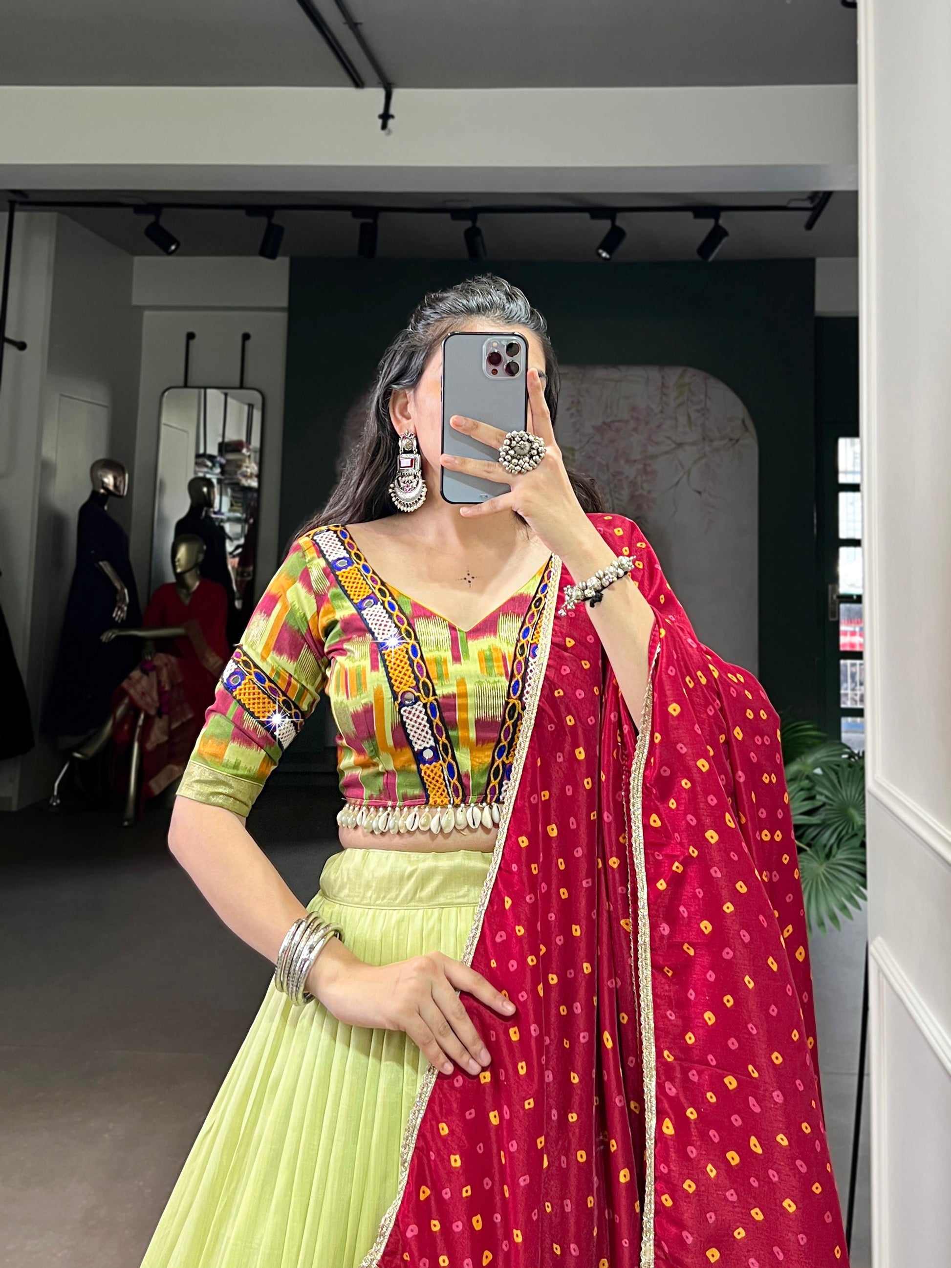 Lorenvalley Fashion Parotgreen Tasar Silk Print with Foil Work and Real Mirror Gamthi Work with Lace Touch Up Lehenga Choli with Dupatta - Swadesiicart