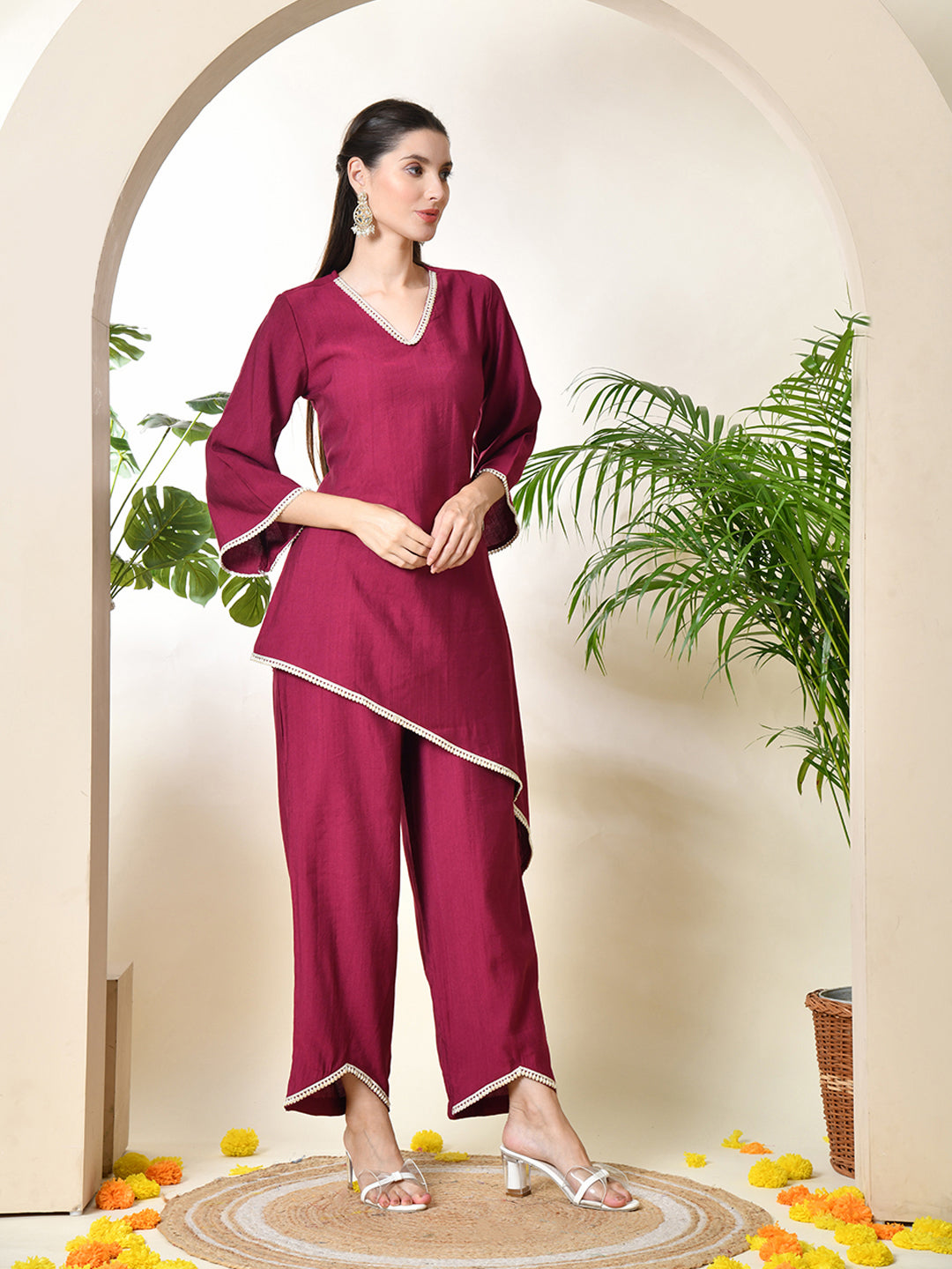 Myshka Women's Wine colour Co-ord set with Lace - Swadesiicart