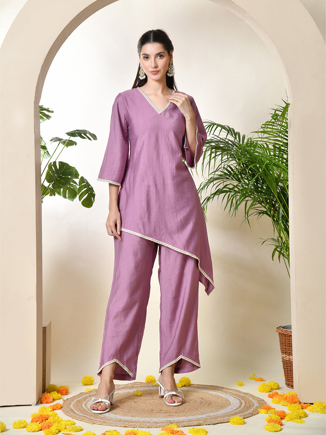 Myshka Women's Lavender colour Co-ord set with Lace - Swadesiicart