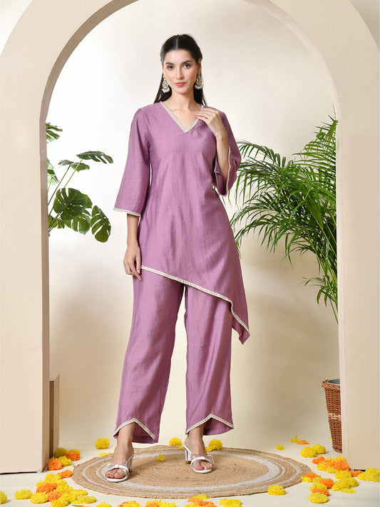 Myshka Women's Lavender colour Co-ord set with Lace - Swadesiicart