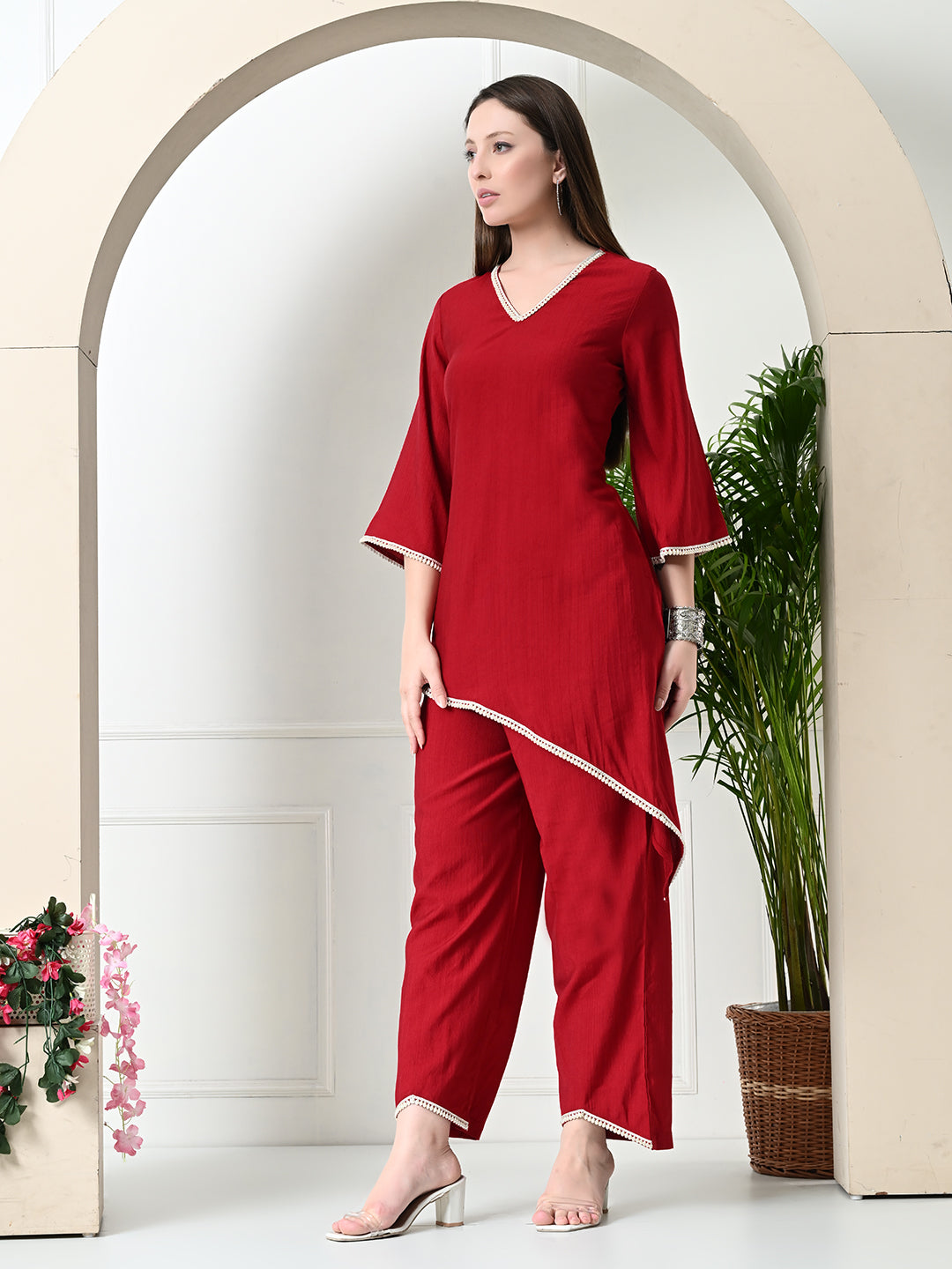Myshka Women's Red colour Co-ord set with Lace - Swadesiicart