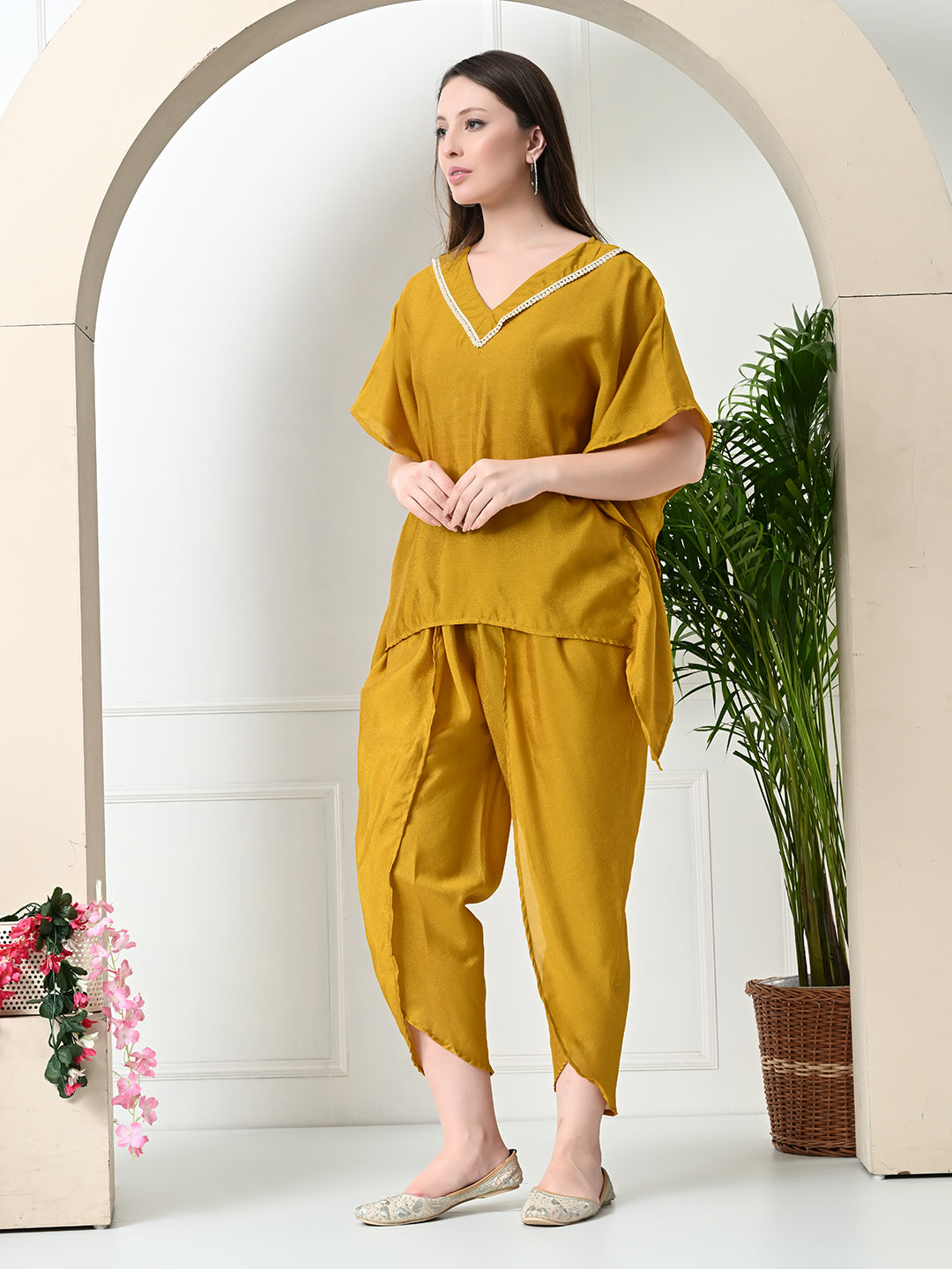 Myshka Women's Yellow colour Co-ord set with Lace - Swadesiicart