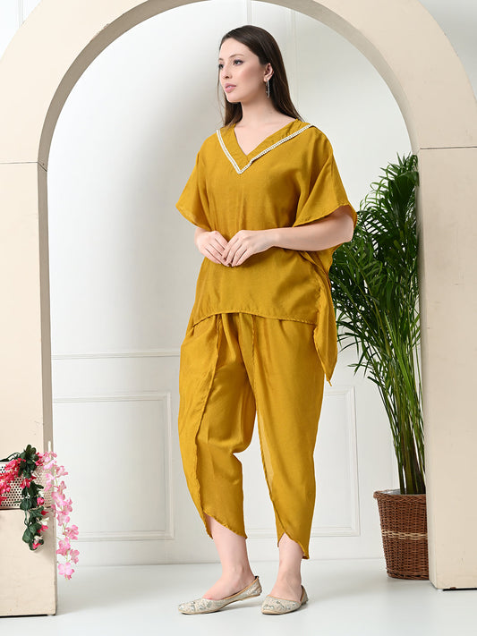Myshka Women's Yellow colour Co-ord set with Lace - Swadesiicart