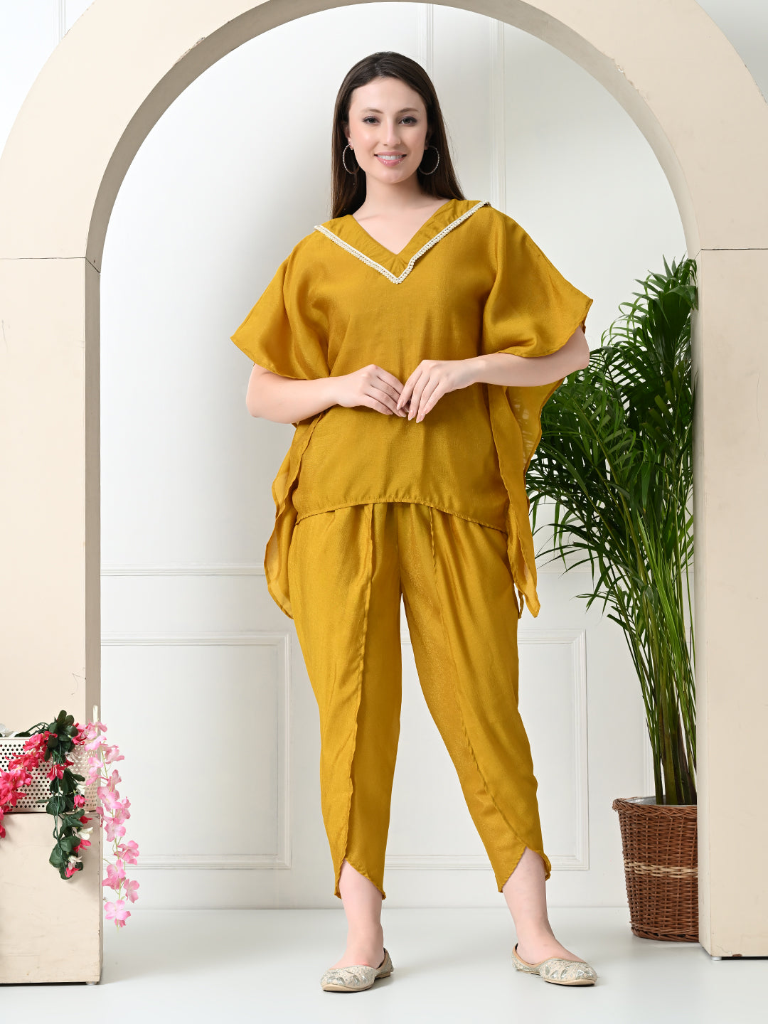 Myshka Women's Yellow colour Co-ord set with Lace - Swadesiicart