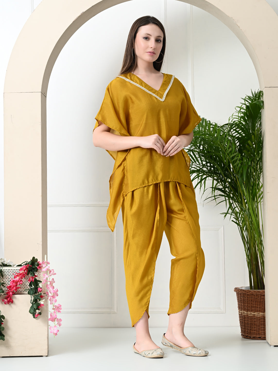 Myshka Women's Yellow colour Co-ord set with Lace - Swadesiicart