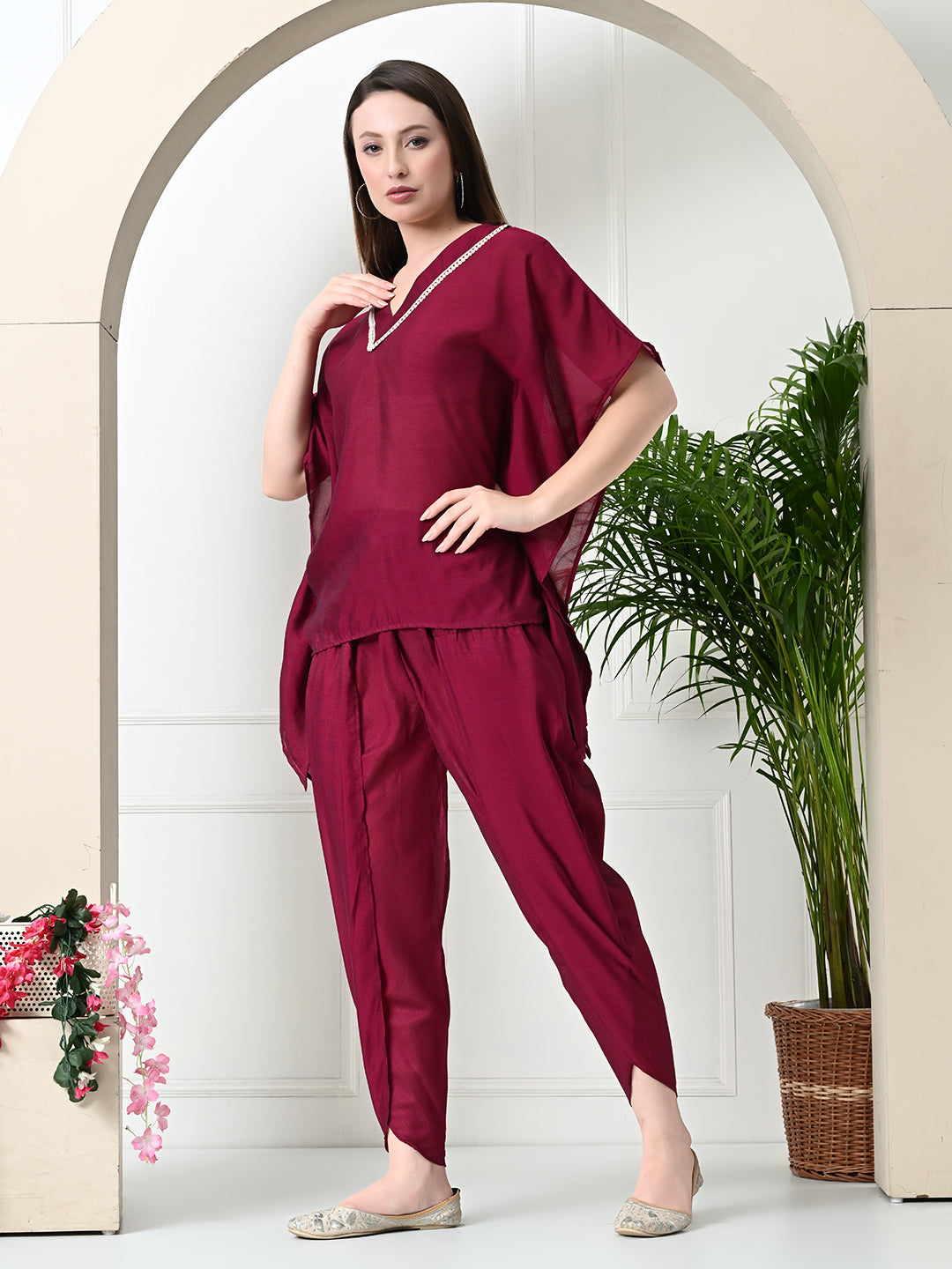 Myshka Women's Wine colour Co-ord set with Lace - Swadesiicart