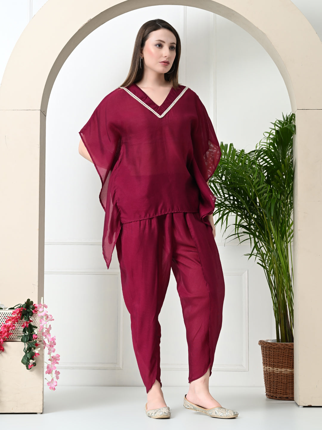 Myshka Women's Wine colour Co-ord set with Lace - Swadesiicart