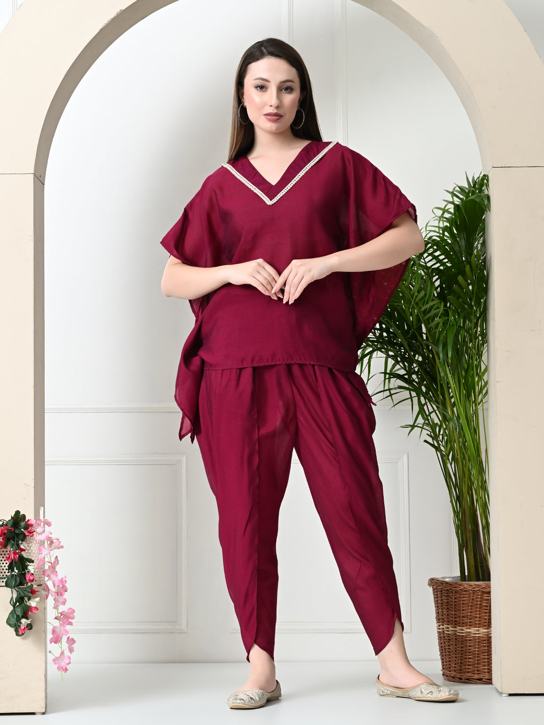 Myshka Women's Wine colour Co-ord set with Lace - Swadesiicart