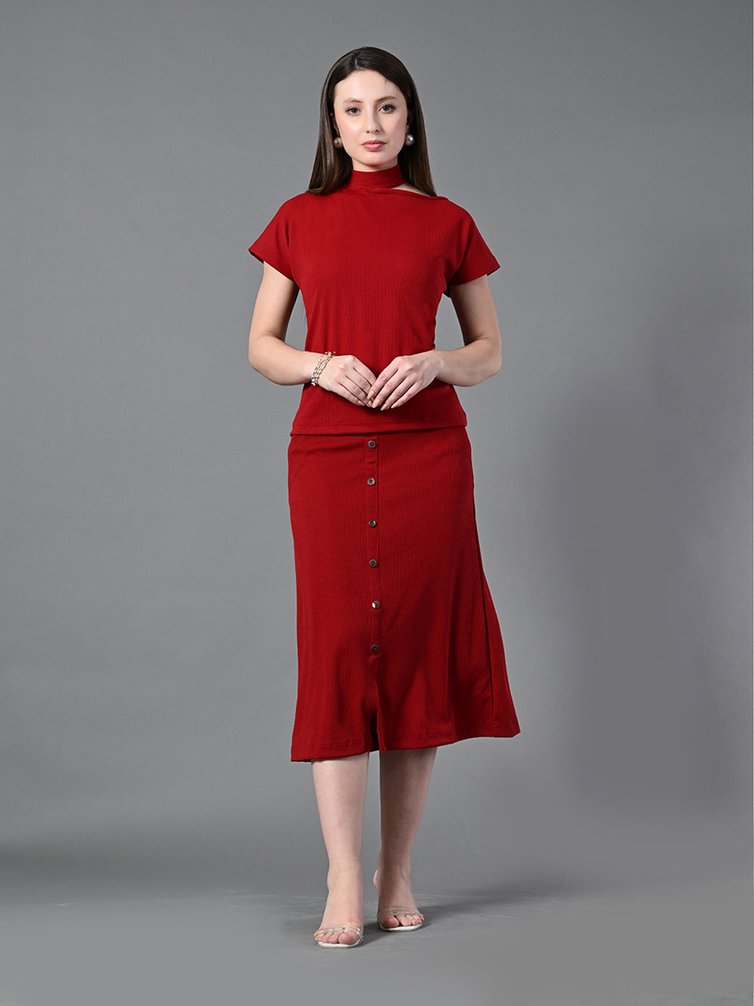 Myshka Women's Maroon colour Co-ord set - Swadesiicart