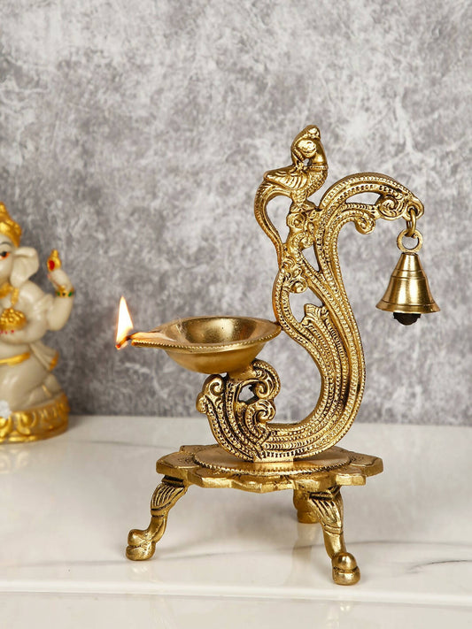 CraftVatika Gold-Toned Brass Handmade Decorative Peacock Design Diya with Bell & Stand | Swadesiicart