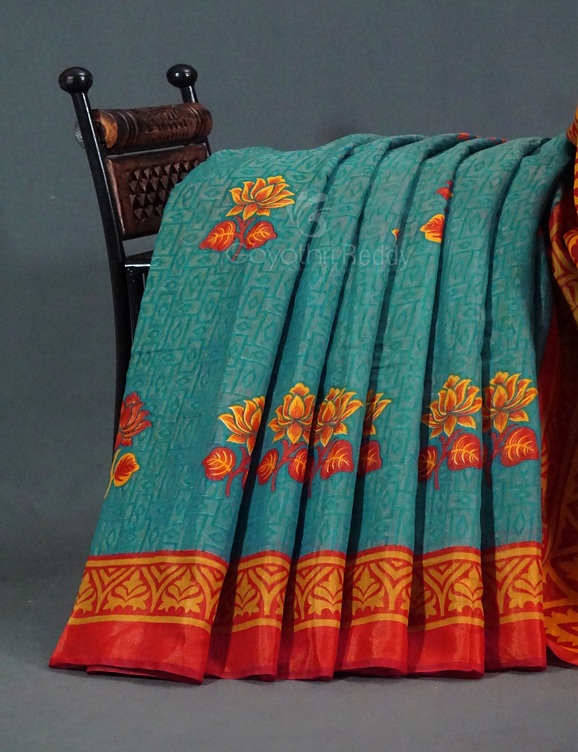 Sea Blue Colour With Tomato Red Blouse Cotton Brasso Saree By Gayathri Reddy Designer Studio | Swadesiicart