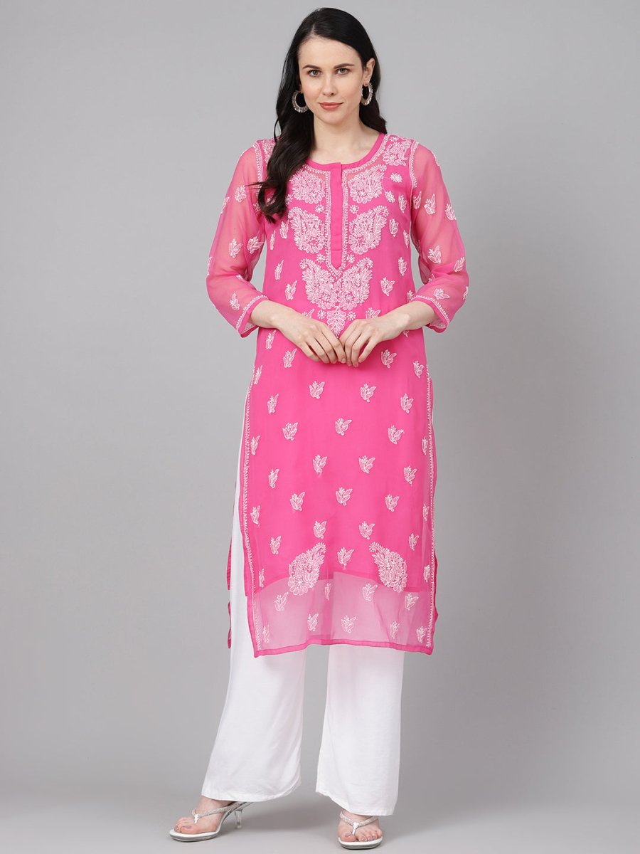 ADA Women Pink & White Sheer Chikankari Embroidered Straight Handloom Kurta with Inner | Swadesiicart