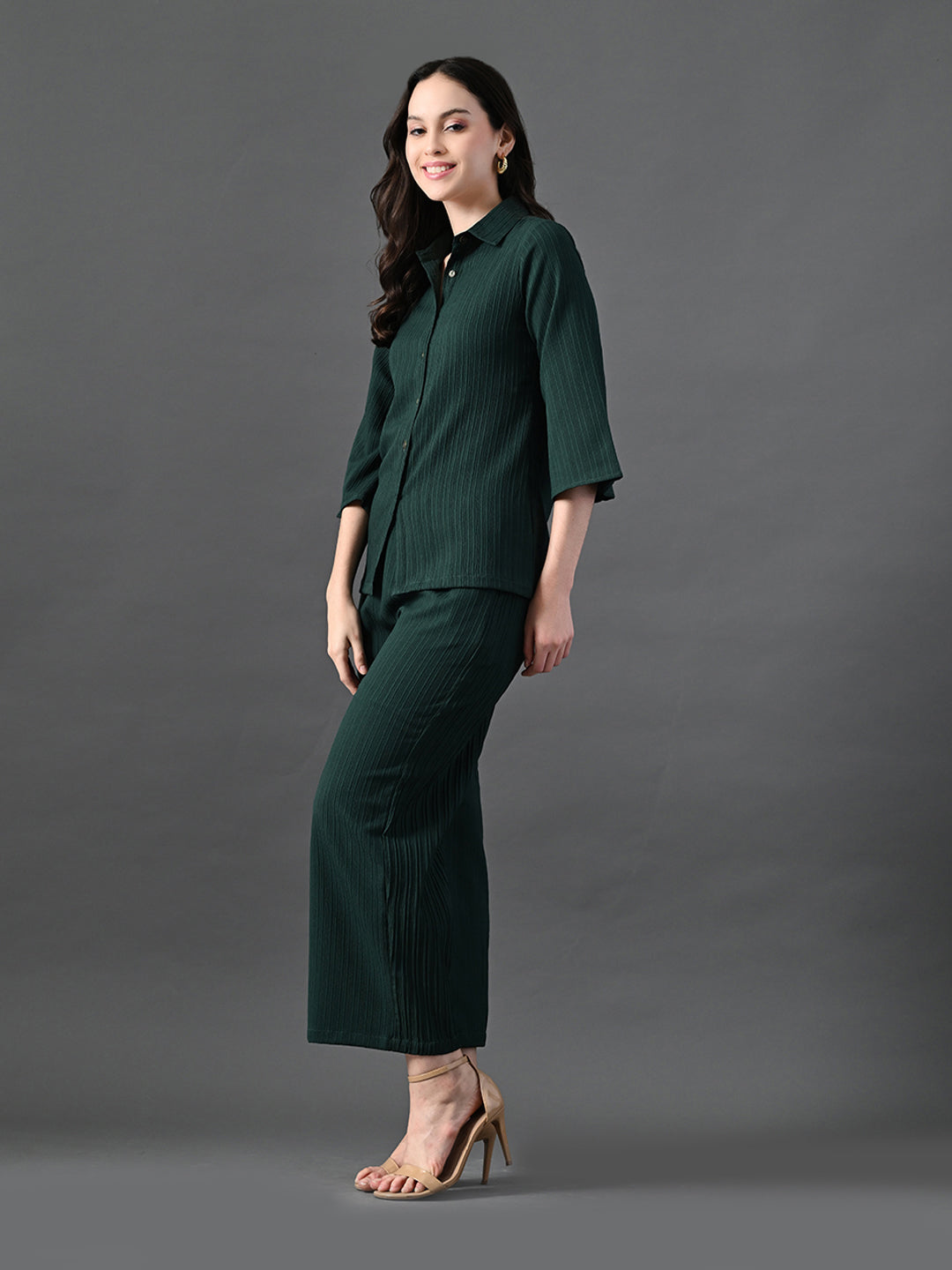 Myshka Women's Green Pleated Co-Ord Set - Swadesiicart