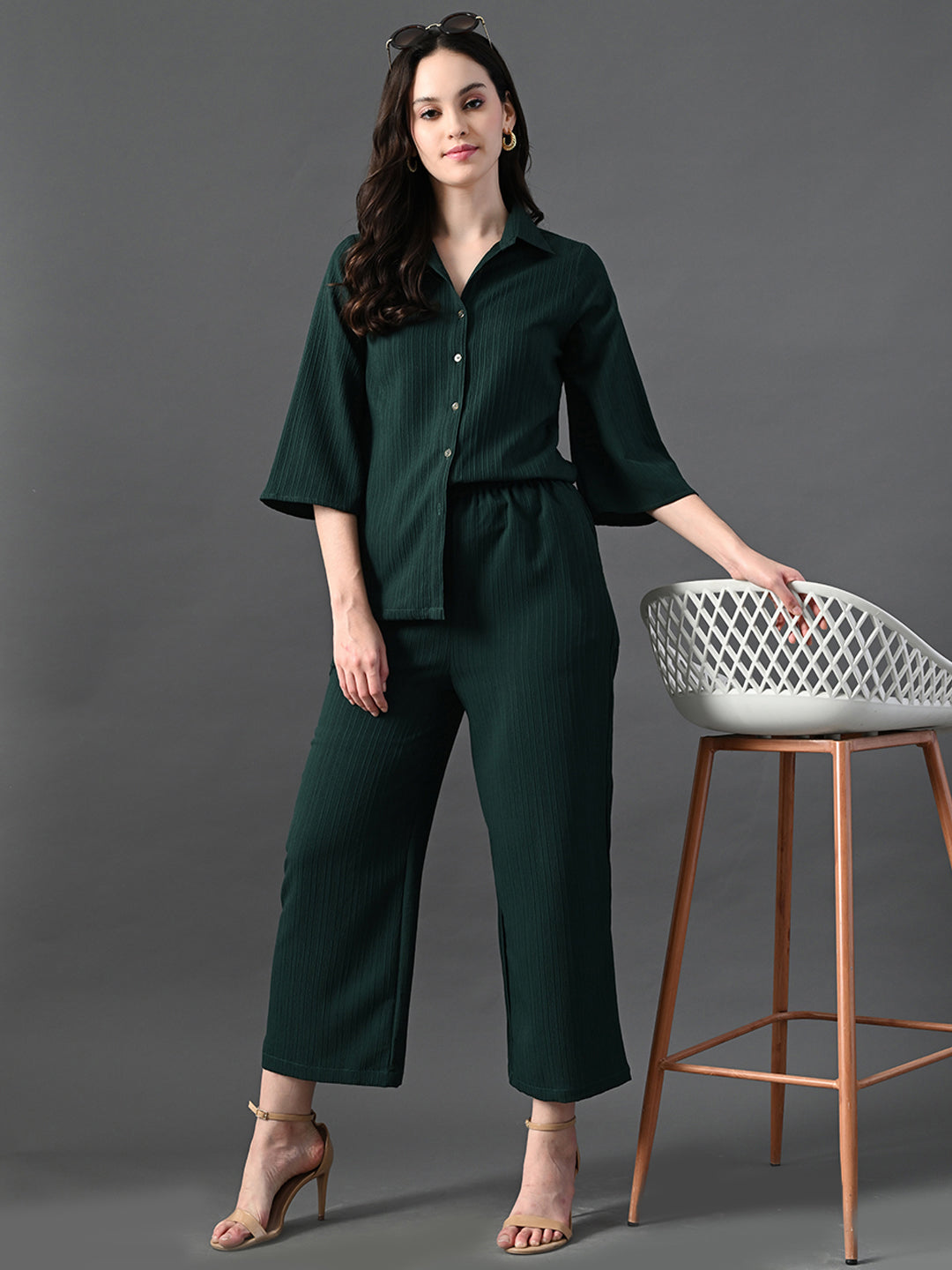 Myshka Women's Green Pleated Co-Ord Set - Swadesiicart