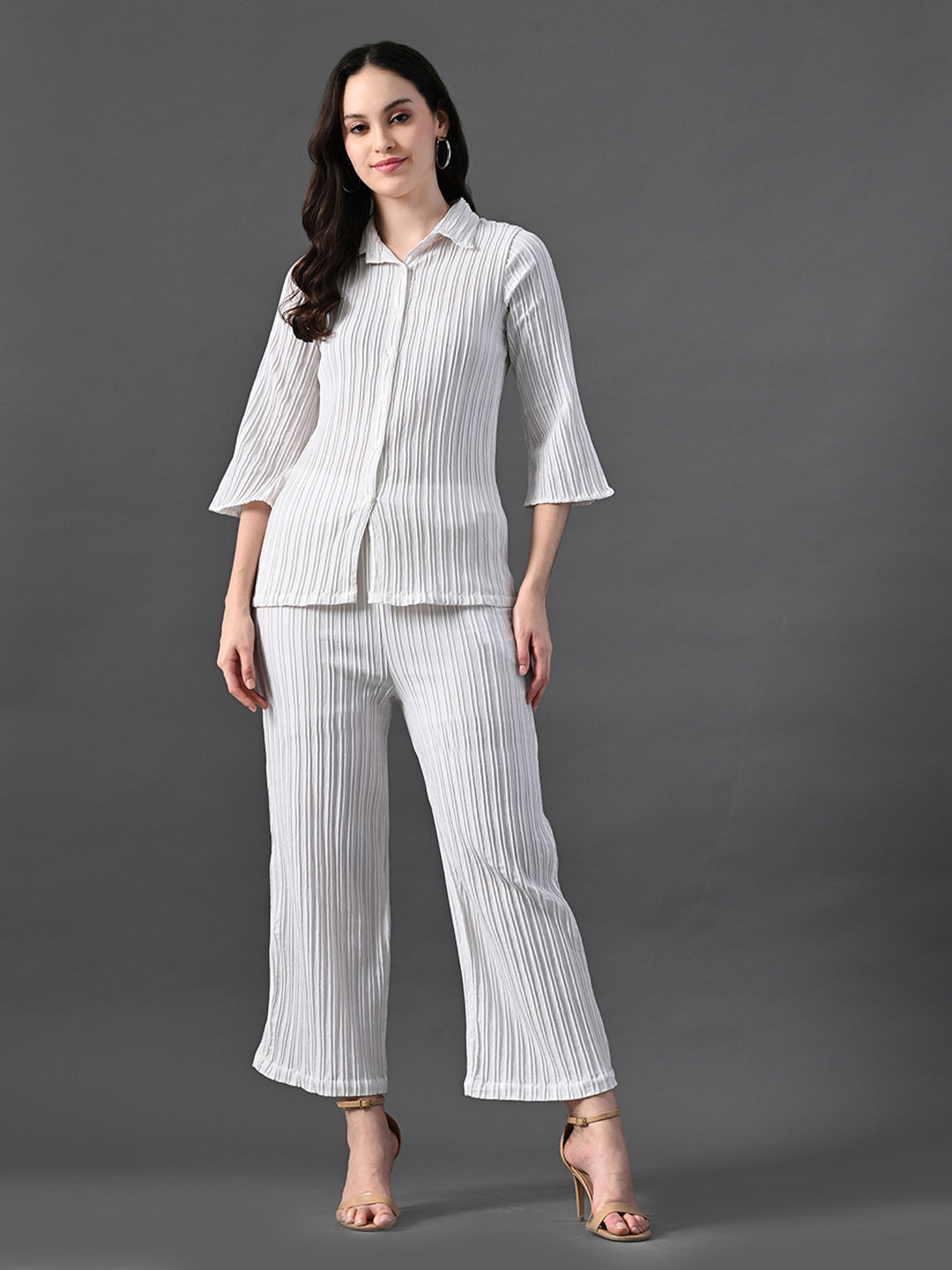 Myshka Women's White Pleated Co-Ord Set - Swadesiicart
