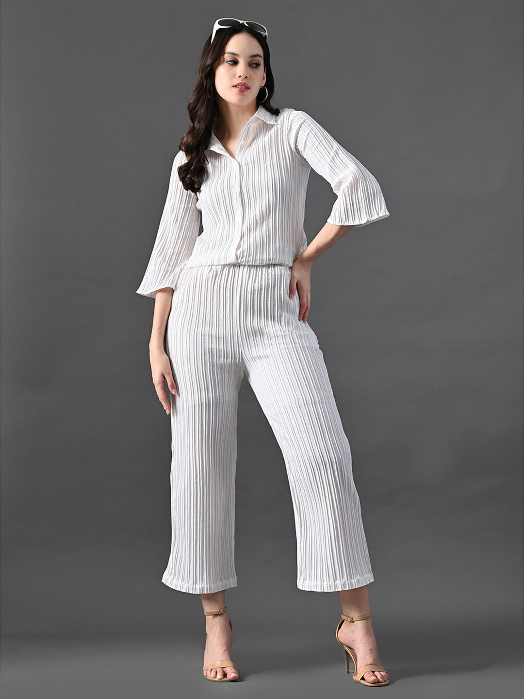 Myshka Women's White Pleated Co-Ord Set - Swadesiicart