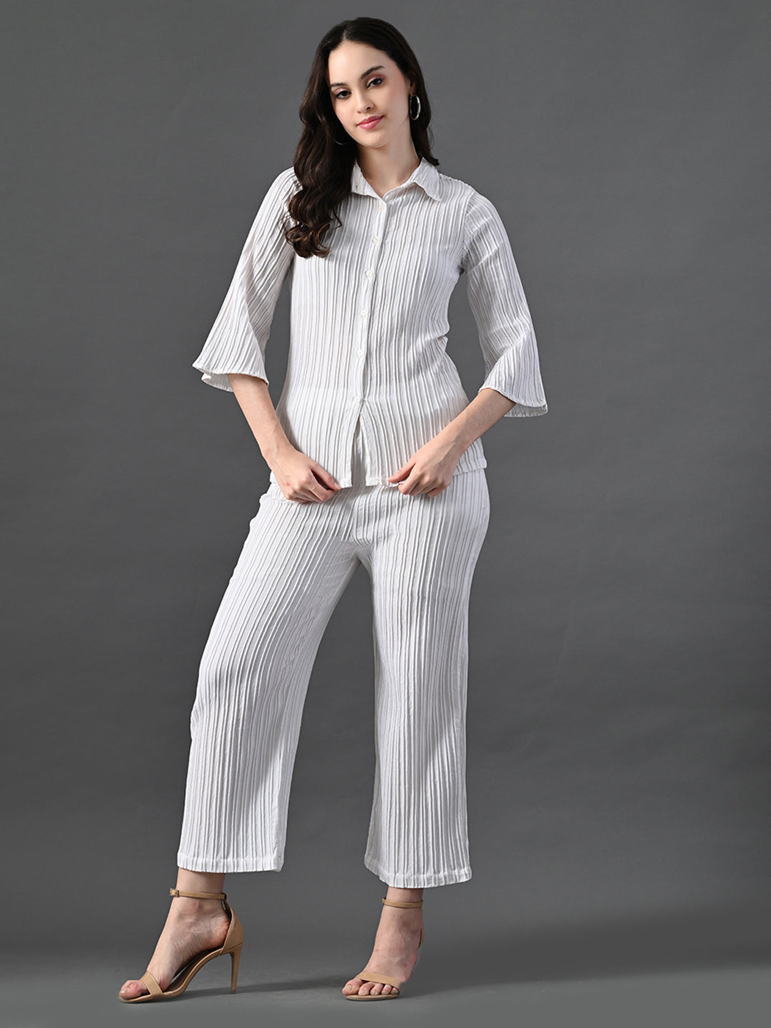 Myshka Women's White Pleated Co-Ord Set - Swadesiicart