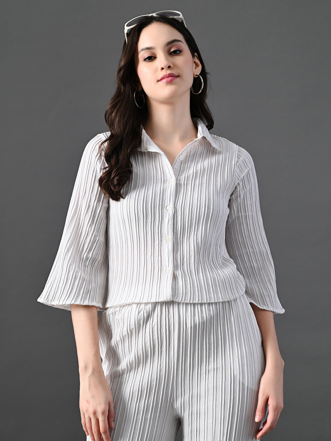 Myshka Women's White Pleated Co-Ord Set - Swadesiicart