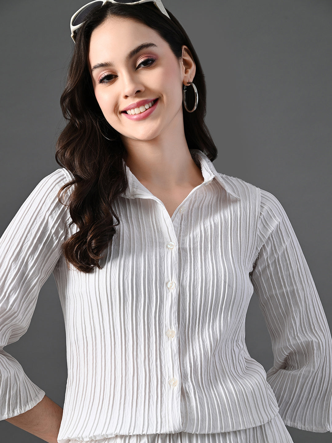 Myshka Women's White Pleated Co-Ord Set - Swadesiicart