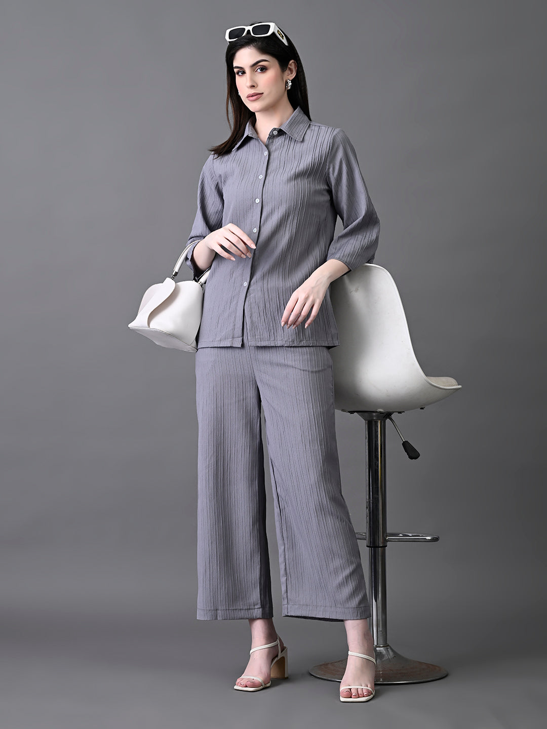 Myshka Women's Grey Pleated Co-Ord Set - Swadesiicart