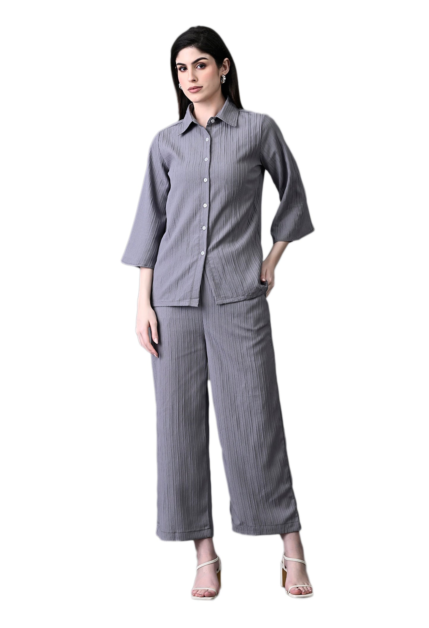 Myshka Women's Grey Pleated Co-Ord Set - Swadesiicart