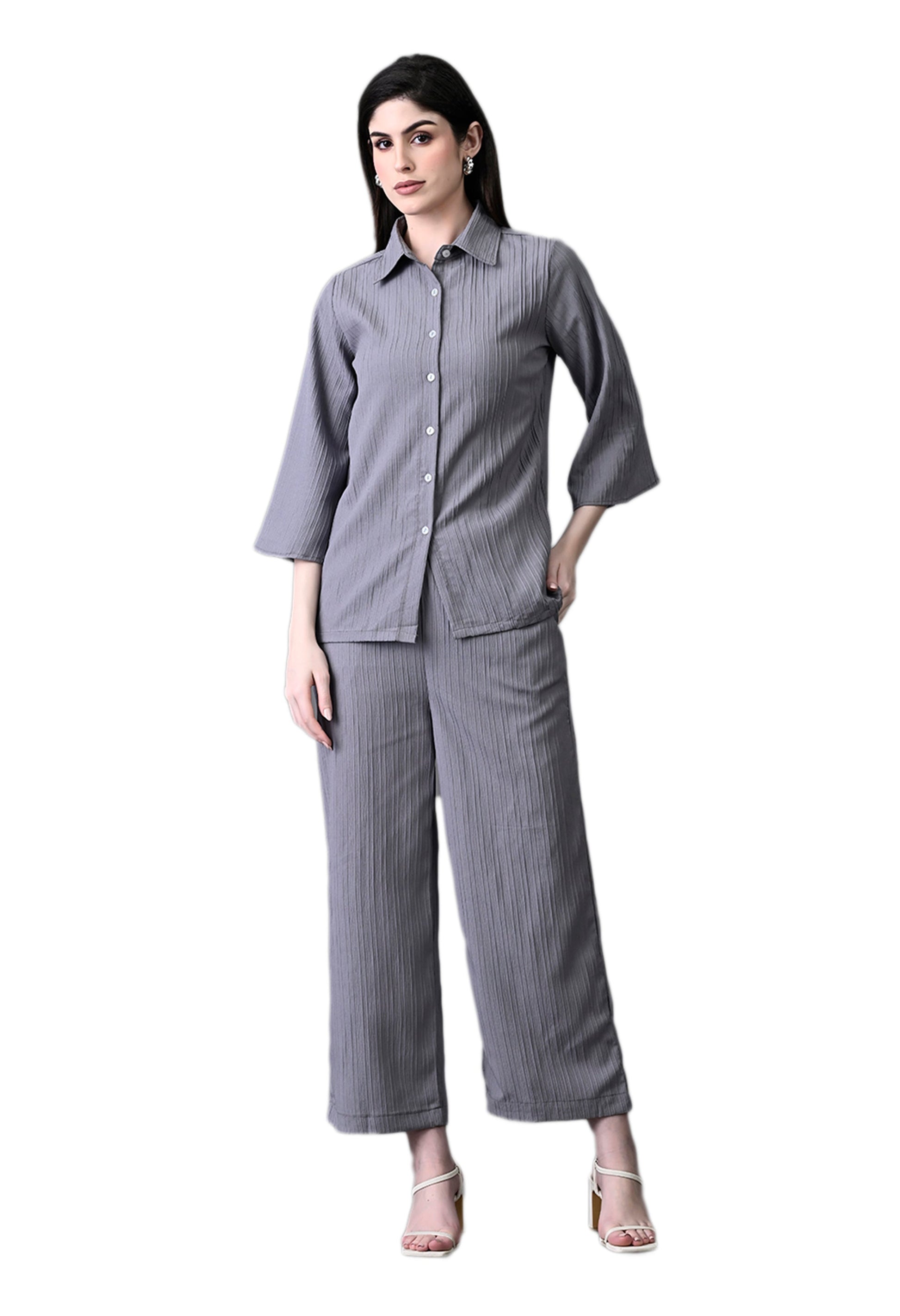Myshka Women's Grey Pleated Co-Ord Set - Swadesiicart