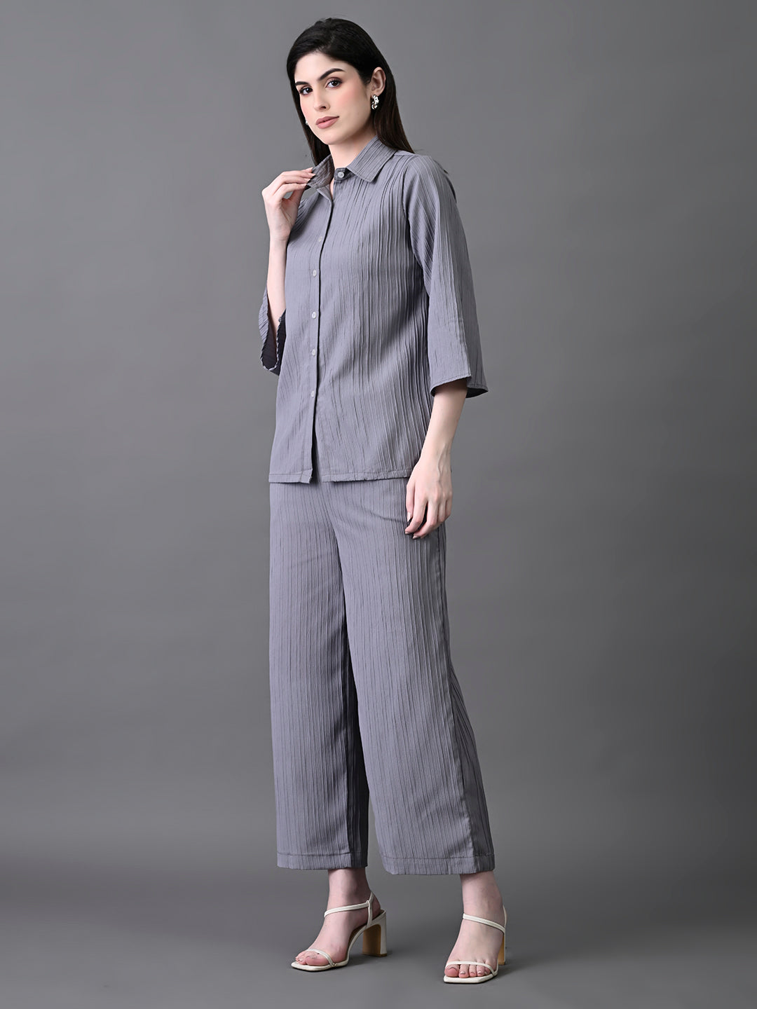 Myshka Women's Grey Pleated Co-Ord Set - Swadesiicart