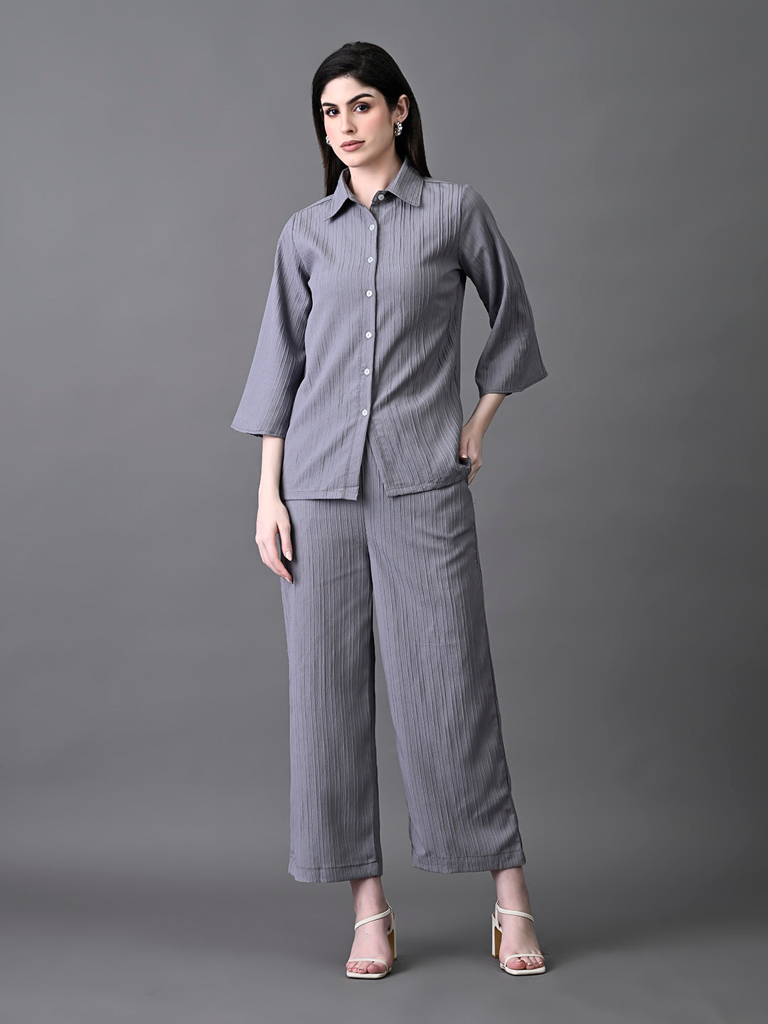 Myshka Women's Grey Pleated Co-Ord Set - Swadesiicart