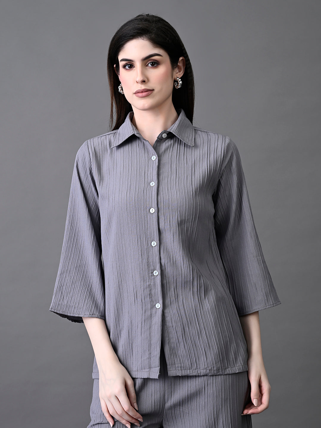 Myshka Women's Grey Pleated Co-Ord Set - Swadesiicart