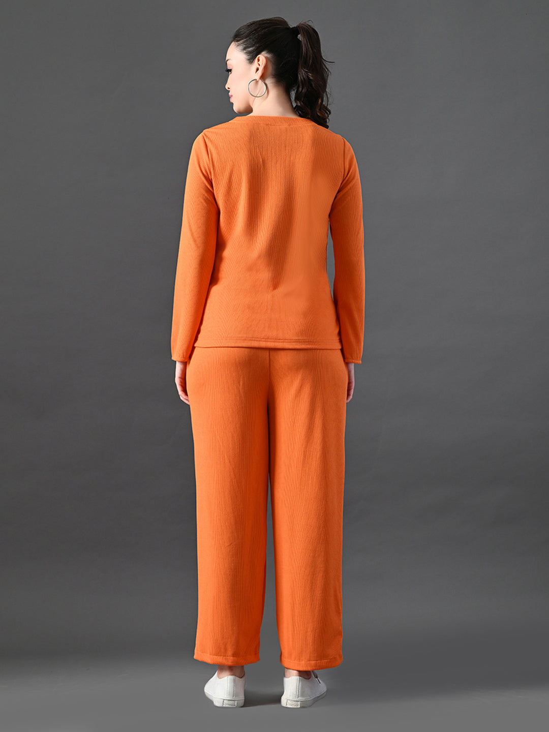 Myshka Women's Vibrant Orange Ribbed Cord Set - Swadesiicart