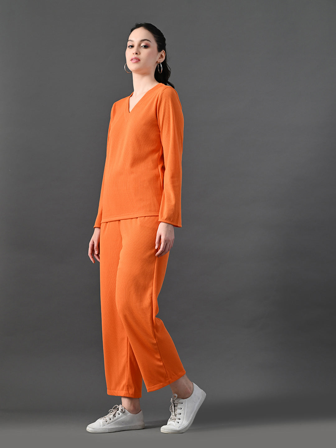 Myshka Women's Vibrant Orange Ribbed Cord Set - Swadesiicart
