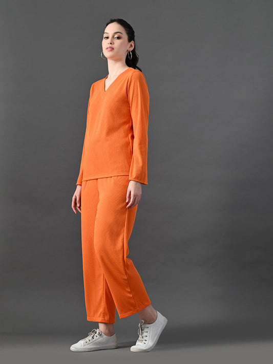 Myshka Women's Vibrant Orange Ribbed Cord Set - Swadesiicart