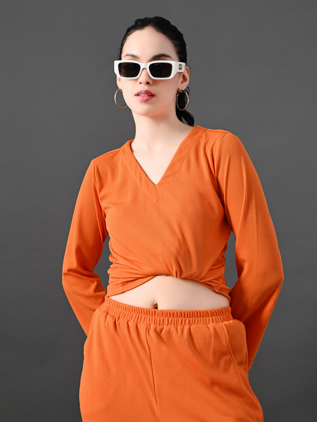 Myshka Women's Vibrant Orange Ribbed Cord Set - Swadesiicart