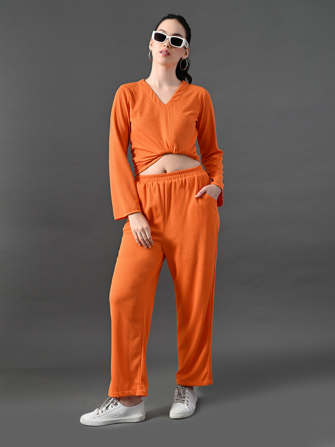 Myshka Women's Vibrant Orange Ribbed Cord Set - Swadesiicart
