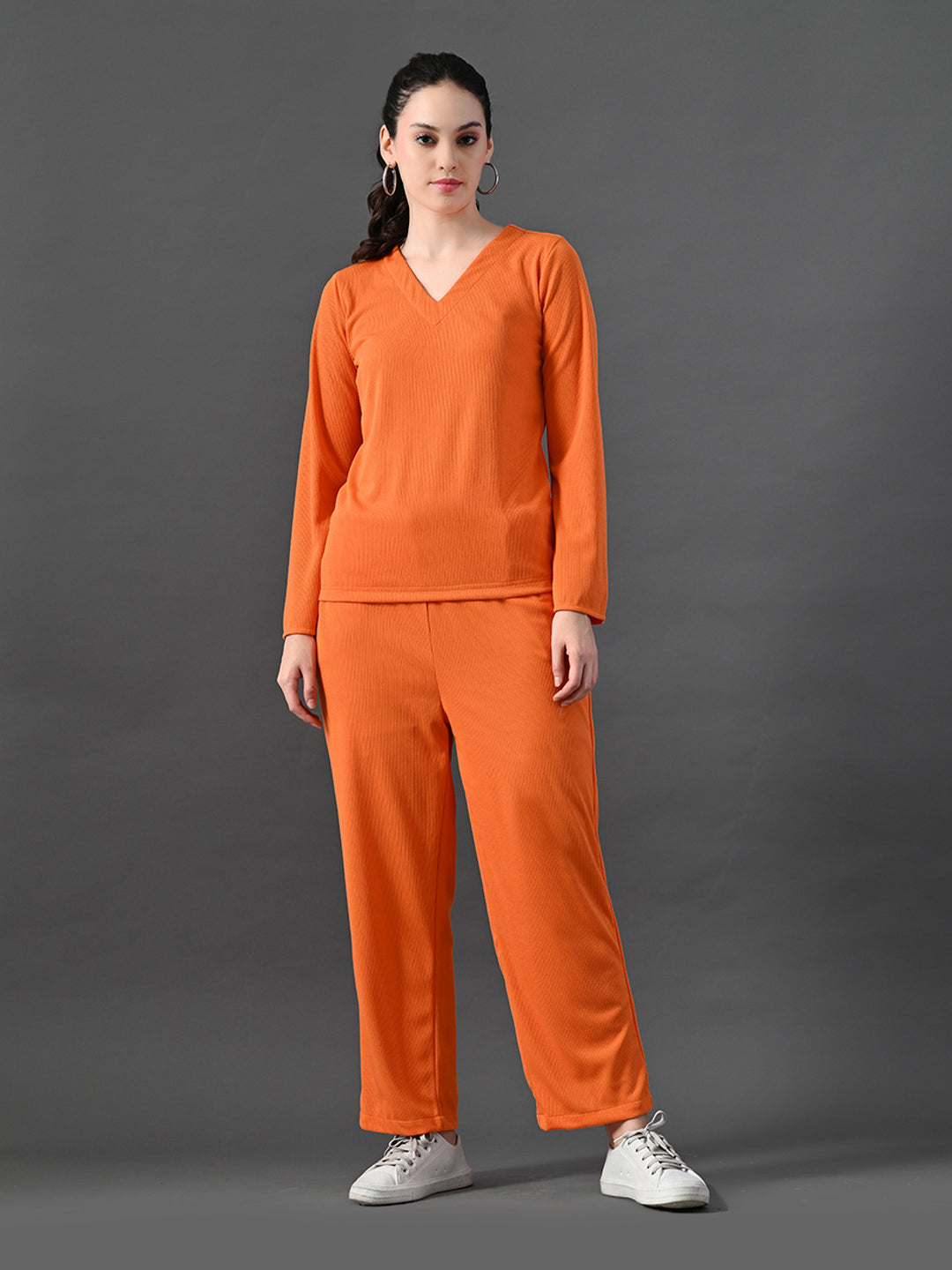 Myshka Women's Vibrant Orange Ribbed Cord Set - Swadesiicart