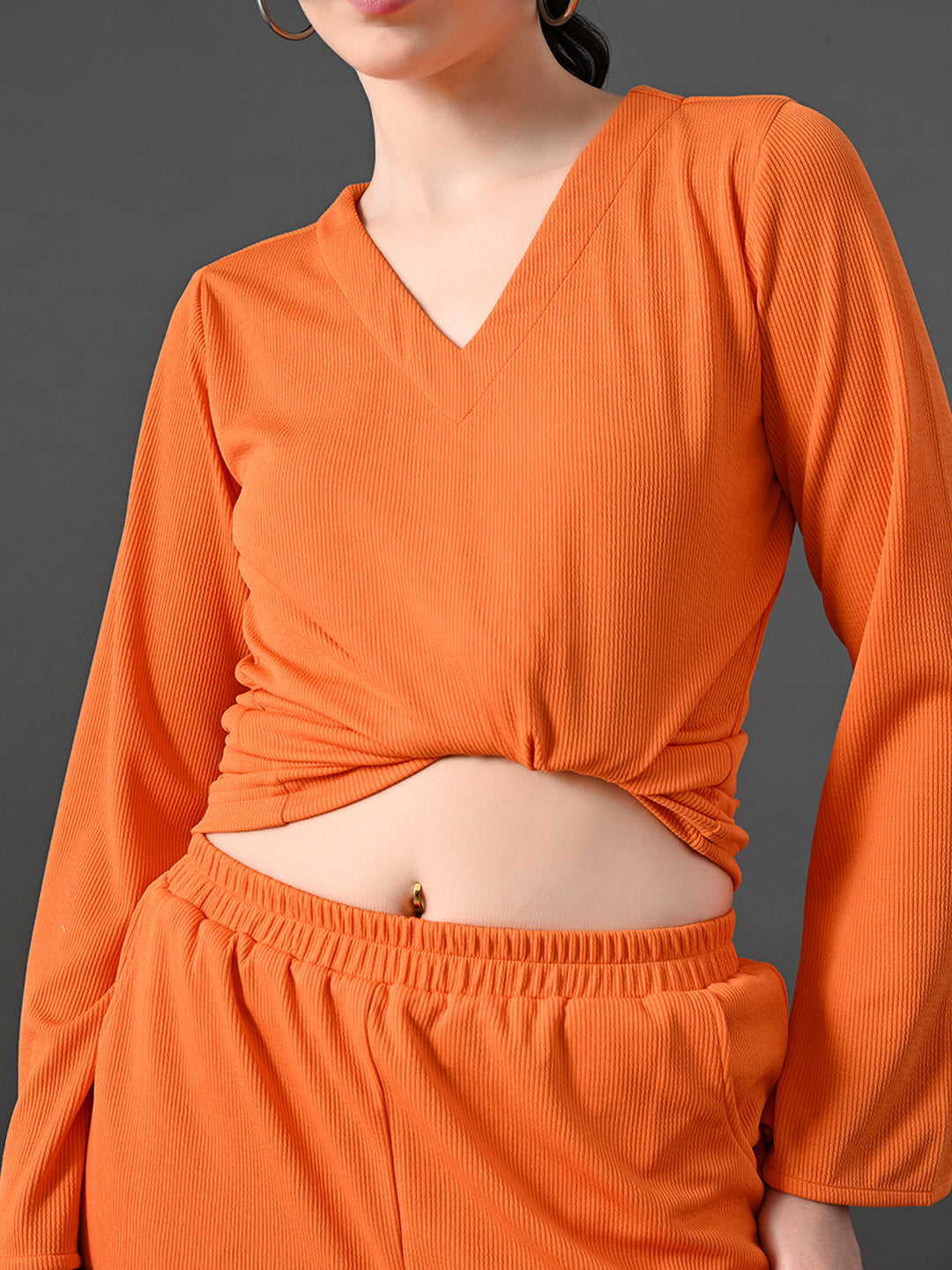 Myshka Women's Vibrant Orange Ribbed Cord Set - Swadesiicart