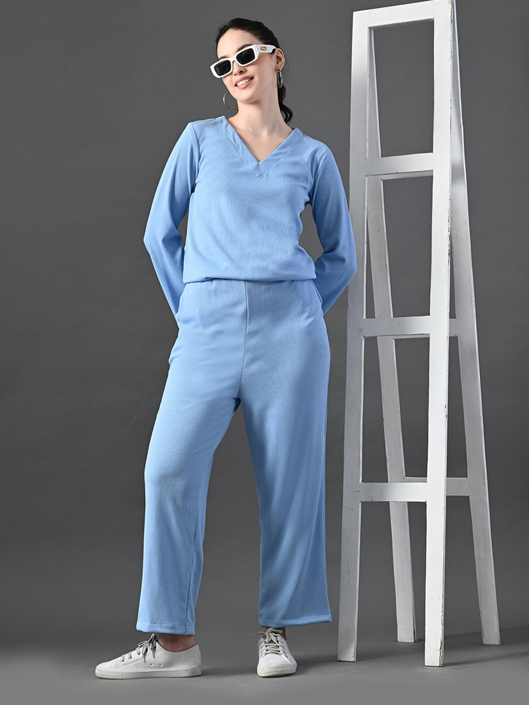 Myshka Women's Blue Ribbed Cord Set - Swadesiicart