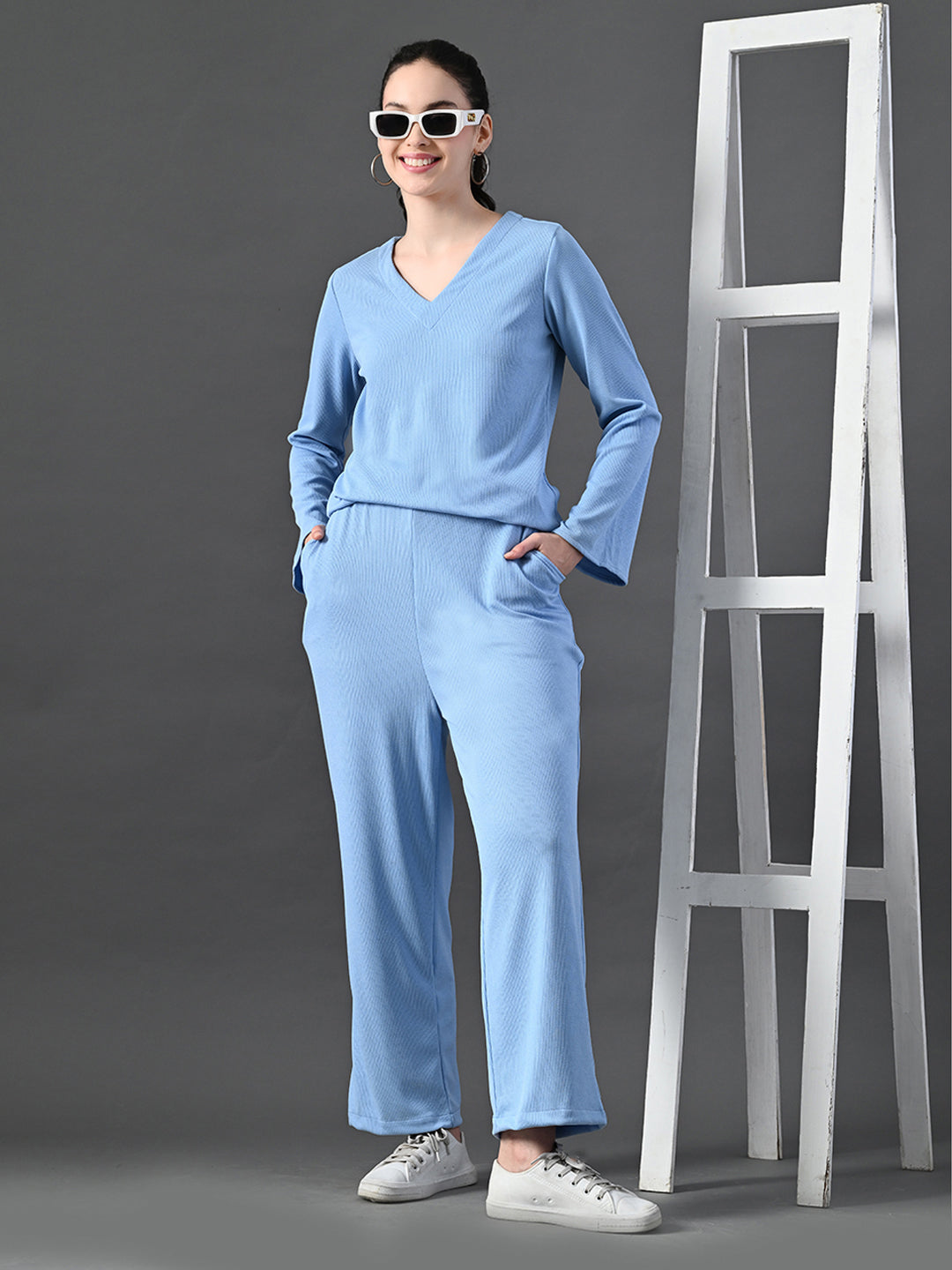 Myshka Women's Blue Ribbed Cord Set - Swadesiicart