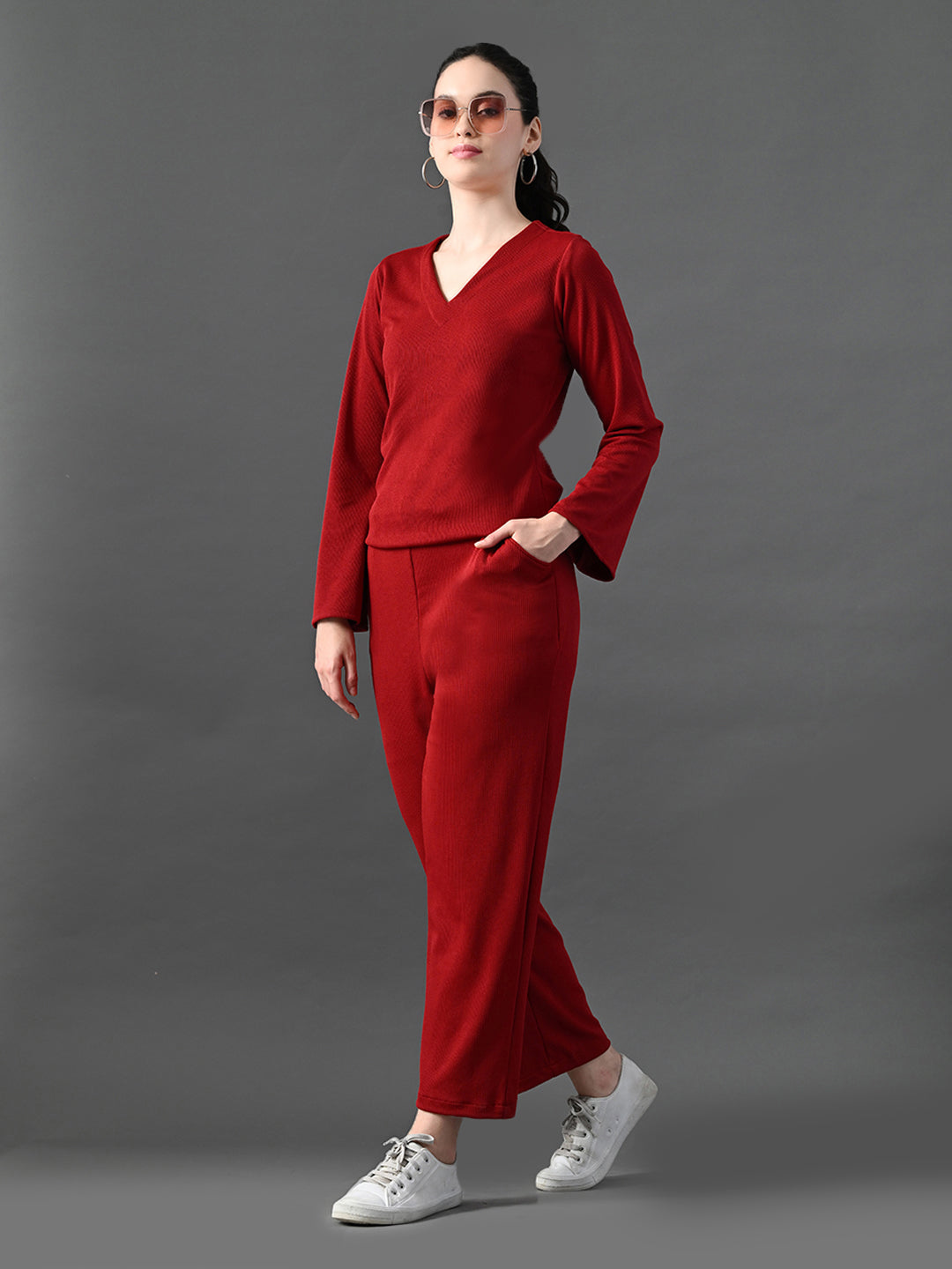 Myshka Women's Red Ribbed Cord Set - Swadesiicart