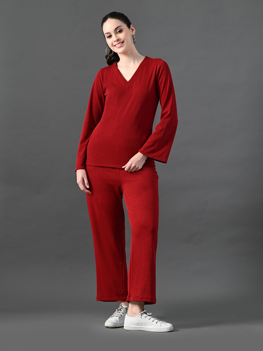 Myshka Women's Red Ribbed Cord Set - Swadesiicart